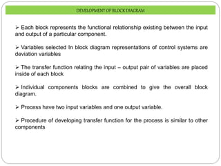  Each block represents the functional relationship existing between the input
and output of a particular component.
 Variables selected In block diagram representations of control systems are
deviation variables
 The transfer function relating the input – output pair of variables are placed
inside of each block
 Individual components blocks are combined to give the overall block
diagram.
 Process have two input variables and one output variable.
 Procedure of developing transfer function for the process is similar to other
components
DEVELOPMENT OF BLOCK DIAGRAM
 