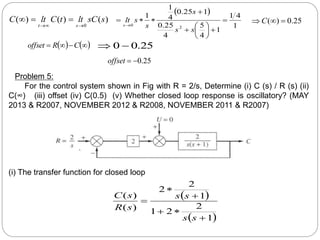 )
(
)
(
)
(
0
s
sC
lt
t
C
lt
C
s
t 





 
1
4
1
1
4
5
4
25
.
0
1
25
.
0
4
1
1
2
0














s
s
s
s
s
lt
s
25
.
0
)
( 

 C
   



 C
R
offset 25
.
0
0 

25
.
0


offset
Problem 5:
For the control system shown in Fig with R = 2/s, Determine (i) C (s) / R (s) (ii)
C(∞) (iii) offset (iv) C(0.5) (v) Whether closed loop response is oscillatory? (MAY
2013 & R2007, NOVEMBER 2012 & R2008, NOVEMBER 2011 & R2007)
 
 
1
2
2
1
1
2
2
)
(
)
(






s
s
s
s
s
R
s
C
(i) The transfer function for closed loop
 