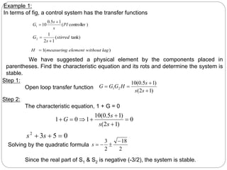 )
controller
(
1
5
.
0
10
1 PI
s
s
G


tank)
(
1
2
1
2 stirred
s
G


)
(
1 lag
without
element
measuring
H 
Example 1:
In terms of fig, a control system has the transfer functions
We have suggested a physical element by the components placed in
parentheses. Find the characteristic equation and its rots and determine the system is
stable.
Step 1:
Open loop transfer function
)
1
2
(
)
1
5
.
0
(
10
2
1




s
s
s
H
G
G
G
0
)
1
2
(
)
1
5
.
0
(
10
1
0
1 






s
s
s
G
0
5
3
2


 s
s
2
18
2
3 



s
Step 2:
The characteristic equation, 1 + G = 0
Solving by the quadratic formula
Since the real part of S1 & S2 is negative (-3/2), the system is stable.
 