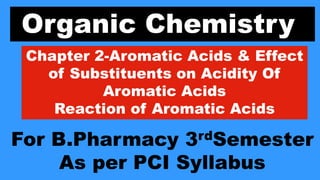 Organic Chemistry
Chapter 2-Aromatic Acids & Effect
of Substituents on Acidity Of
Aromatic Acids
Reaction of Aromatic Acids
For B.Pharmacy 3rdSemester
As per PCI Syllabus
 