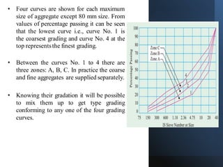 • Four curves are shown for each maximum
size of aggregate except 80 mm size. From
values of percentage passing it can be seen
that the lowest curve i.e., curve No. 1 is
the coarsest grading and curve No. 4 at the
top representsthe finest grading.
• Between the curves No. 1 to 4 there are
three zones: A, B, C. In practice the coarse
and fine aggregates are supplied separately.
• Knowing their gradation it will be possible
to mix them up to get type grading
conforming to any one of the four grading
curves.
 