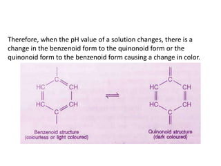 Therefore, when the pH value of a solution changes, there is a
change in the benzenoid form to the quinonoid form or the
quinonoid form to the benzenoid form causing a change in color.
 