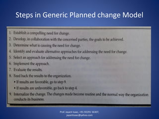 Steps in Generic Planned change Model 
Prof. Jayant Isaac, +91-92291 56307, 
jayantisaac@yahoo.com 
 