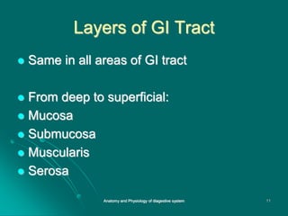 Layers of GI Tract
 Same in all areas of GI tract
 From deep to superficial:
 Mucosa
 Submucosa
 Muscularis
 Serosa
11
Anatomy and Physiology of diagestive system
 