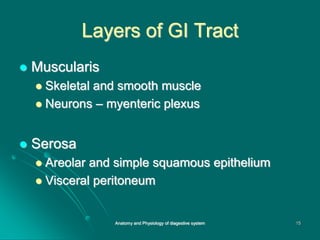 Layers of GI Tract
 Muscularis
 Skeletal and smooth muscle
 Neurons – myenteric plexus
 Serosa
 Areolar and simple squamous epithelium
 Visceral peritoneum
15
Anatomy and Physiology of diagestive system
 