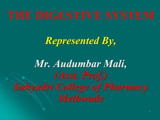 THE DIGESTIVE SYSTEM
Represented By,
Mr. Audumbar Mali,
(Asst. Prof.)
Sahyadri College of Pharmacy
Methwade
1
 
