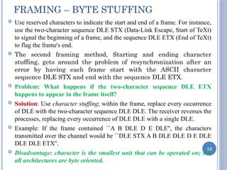  Use reserved characters to indicate the start and end of a frame. For instance,
use the two-character sequence DLE STX (Data-Link Escape, Start of TeXt)
to signal the beginning of a frame, and the sequence DLE ETX (End of TeXt)
to flag the frame's end.
 The second framing method, Starting and ending character
stuffing, gets around the problem of resynchronization after an
error by having each frame start with the ASCII character
sequence DLE STX and end with the sequence DLE ETX.
 Problem: What happens if the two-character sequence DLE ETX
happens to appear in the frame itself?
 Solution: Use character stuffing; within the frame, replace every occurrence
of DLE with the two-character sequence DLE DLE. The receiver reverses the
processes, replacing every occurrence of DLE DLE with a single DLE.
 Example: If the frame contained ``A B DLE D E DLE'', the characters
transmitted over the channel would be ``DLE STX A B DLE DLE D E DLE
DLE DLE ETX''.
 Disadvantage: character is the smallest unit that can be operated on; not
all architectures are byte oriented.
12
FRAMING – BYTE STUFFING
 