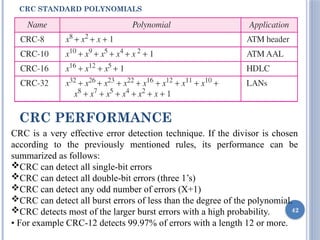 CRC STANDARD POLYNOMIALS
42
CRC is a very effective error detection technique. If the divisor is chosen
according to the previously mentioned rules, its performance can be
summarized as follows:
CRC can detect all single-bit errors
CRC can detect all double-bit errors (three 1’s)
CRC can detect any odd number of errors (X+1)
CRC can detect all burst errors of less than the degree of the polynomial.
CRC detects most of the larger burst errors with a high probability.
• For example CRC-12 detects 99.97% of errors with a length 12 or more.
CRC PERFORMANCE
 