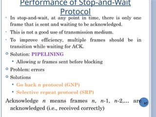 87
• In stop-and-wait, at any point in time, there is only one
frame that is sent and waiting to be acknowledged.
• This is not a good use of transmission medium.
• To improve efficiency, multiple frames should be in
transition while waiting for ACK.
 Solution: PIPELINING
 Allowing w frames sent before blocking
 Problem: errors
 Solutions
 Go back n protocol (GNP)
 Selective repeat protocol (SRP)
Acknowledge n means frames n, n-1, n-2,… are
acknowledged (i.e., received correctly)
Performance of Stop-and-Wait
Protocol
 