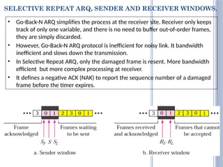 SELECTIVE REPEAT ARQ, SENDER AND RECEIVER WINDOWS.
• Go-Back-N ARQ simplifies the process at the receiver site. Receiver only keeps
track of only one variable, and there is no need to buffer out-of-order frames,
they are simply discarded.
• However, Go-Back-N ARQ protocol is inefficient for noisy link. It bandwidth
inefficient and slows down the transmission.
• In Selective Repeat ARQ, only the damaged frame is resent. More bandwidth
efficient but more complex processing at receiver.
• It defines a negative ACK (NAK) to report the sequence number of a damaged
frame before the timer expires.
 