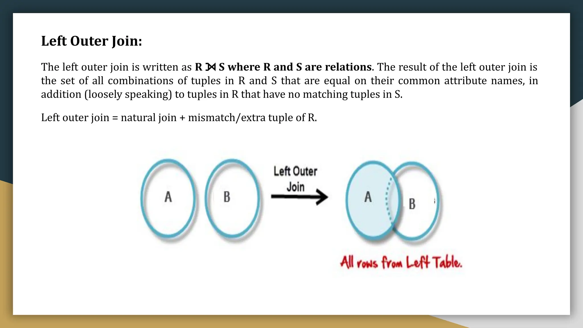 Left Outer Join:
The left outer join is written as R ⟕ S where R and S are relations. The result of the left outer join is
the set of all combinations of tuples in R and S that are equal on their common attribute names, in
addition (loosely speaking) to tuples in R that have no matching tuples in S.
Left outer join = natural join + mismatch/extra tuple of R.
 