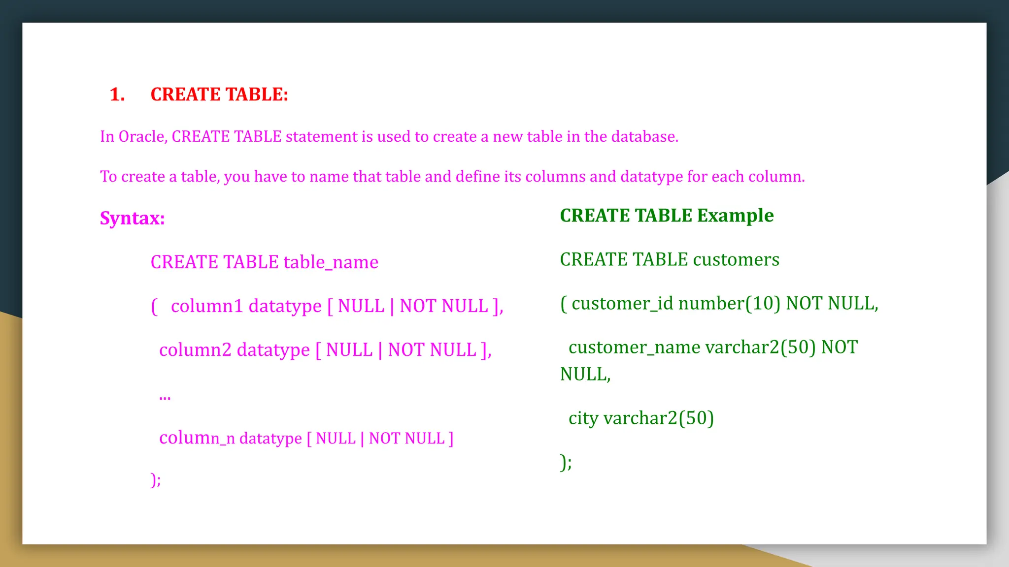 1. CREATE TABLE:
In Oracle, CREATE TABLE statement is used to create a new table in the database.
To create a table, you have to name that table and define its columns and datatype for each column.
Syntax:
CREATE TABLE table_name
( column1 datatype [ NULL | NOT NULL ],
column2 datatype [ NULL | NOT NULL ],
...
column_n datatype [ NULL | NOT NULL ]
);
CREATE TABLE Example
CREATE TABLE customers
( customer_id number(10) NOT NULL,
customer_name varchar2(50) NOT
NULL,
city varchar2(50)
);
 