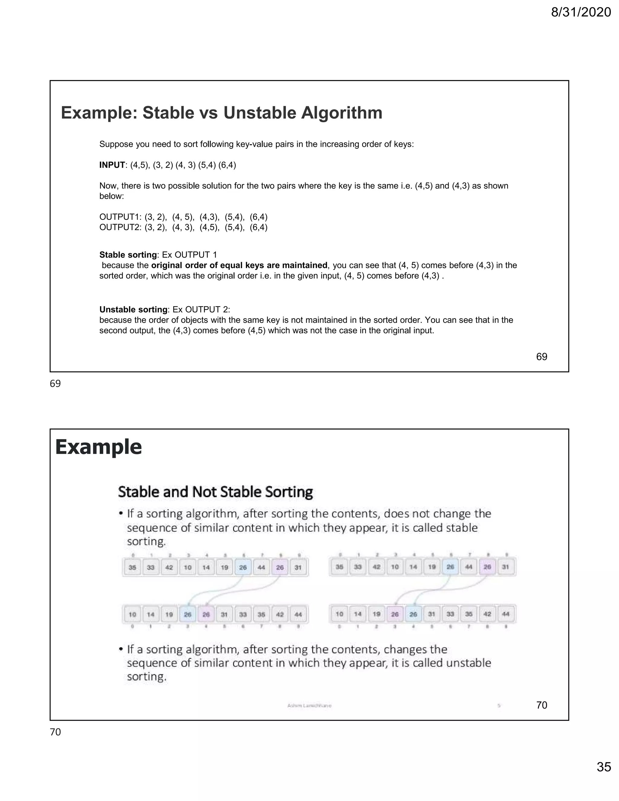 8/31/2020
35
Example: Stable vs Unstable Algorithm
Suppose you need to sort following key-value pairs in the increasing order of keys:
INPUT: (4,5), (3, 2) (4, 3) (5,4) (6,4)
Now, there is two possible solution for the two pairs where the key is the same i.e. (4,5) and (4,3) as shown
below:
OUTPUT1: (3, 2), (4, 5), (4,3), (5,4), (6,4)
OUTPUT2: (3, 2), (4, 3), (4,5), (5,4), (6,4)
Stable sorting: Ex OUTPUT 1
because the original order of equal keys are maintained, you can see that (4, 5) comes before (4,3) in the
sorted order, which was the original order i.e. in the given input, (4, 5) comes before (4,3) .
Unstable sorting: Ex OUTPUT 2:
because the order of objects with the same key is not maintained in the sorted order. You can see that in the
second output, the (4,3) comes before (4,5) which was not the case in the original input.
69
Example
70
69
70
 