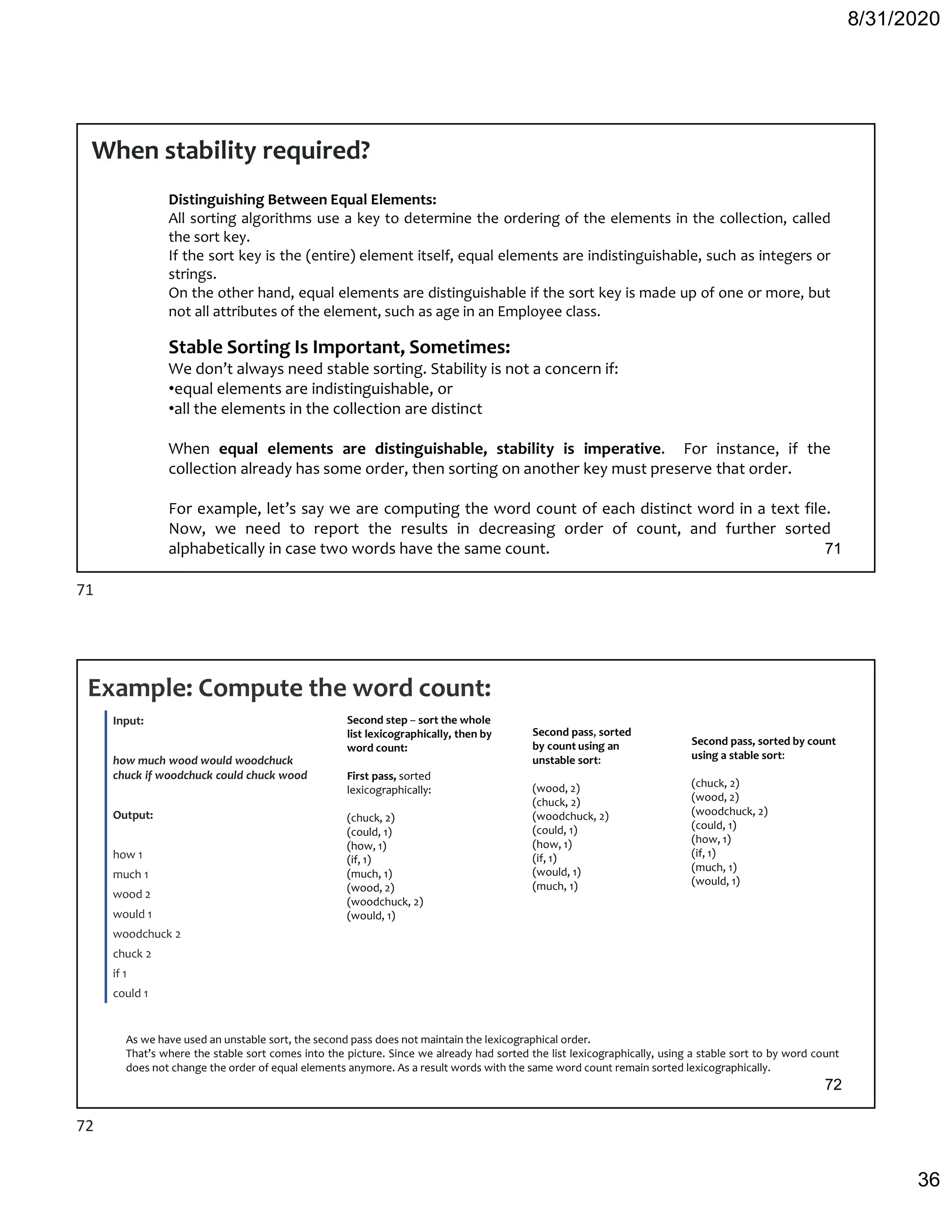 8/31/2020
36
When stability required?
Stable Sorting Is Important, Sometimes:
We don’t always need stable sorting. Stability is not a concern if:
•equal elements are indistinguishable, or
•all the elements in the collection are distinct
When equal elements are distinguishable, stability is imperative. For instance, if the
collection already has some order, then sorting on another key must preserve that order.
For example, let’s say we are computing the word count of each distinct word in a text file.
Now, we need to report the results in decreasing order of count, and further sorted
alphabetically in case two words have the same count.
Distinguishing Between Equal Elements:
All sorting algorithms use a key to determine the ordering of the elements in the collection, called
the sort key.
If the sort key is the (entire) element itself, equal elements are indistinguishable, such as integers or
strings.
On the other hand, equal elements are distinguishable if the sort key is made up of one or more, but
not all attributes of the element, such as age in an Employee class.
71
Example: Compute the word count:
Input:
how much wood would woodchuck
chuck if woodchuck could chuck wood
Output:
how 1
much 1
wood 2
would 1
woodchuck 2
chuck 2
if 1
could 1
Second step – sort the whole
list lexicographically, then by
word count:
First pass, sorted
lexicographically:
(chuck, 2)
(could, 1)
(how, 1)
(if, 1)
(much, 1)
(wood, 2)
(woodchuck, 2)
(would, 1)
Second pass, sorted
by count using an
unstable sort:
(wood, 2)
(chuck, 2)
(woodchuck, 2)
(could, 1)
(how, 1)
(if, 1)
(would, 1)
(much, 1)
Second pass, sorted by count
using a stable sort:
(chuck, 2)
(wood, 2)
(woodchuck, 2)
(could, 1)
(how, 1)
(if, 1)
(much, 1)
(would, 1)
As we have used an unstable sort, the second pass does not maintain the lexicographical order.
That’s where the stable sort comes into the picture. Since we already had sorted the list lexicographically, using a stable sort to by word count
does not change the order of equal elements anymore. As a result words with the same word count remain sorted lexicographically.
72
71
72
 