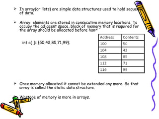  In array(or lists) are simple data structures used to hold sequence
of data.
 Array elements are stored in consecutive memory locations. To
occupy the adjacent space, block of memory that is required for
the array should be allocated before hand.
 Once memory allocated it cannot be extended any more. So that
array is called the static data structure.
 Wastage of memory is more in arrays.
int a[ ]= {50,42,85,71,99};
 