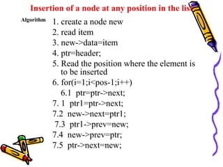 Insertion of a node at any position in the list
1. create a node new
2. read item
3. new->data=item
4. ptr=header;
5. Read the position where the element is
to be inserted
6. for(i=1;i<pos-1;i++)
6.1 ptr=ptr->next;
7. 1 ptr1=ptr->next;
7.2 new->next=ptr1;
7.3 ptr1->prev=new;
7.4 new->prev=ptr;
7.5 ptr->next=new;
Algorithm
 