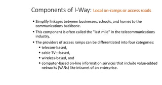 Components of I-Way: Local on-ramps or access roads
▪ Simplify linkages between businesses, schools, and homes to the
communications backbone.
▪ This component is often called the "last mile" in the telecommunications
industry.
▪ The providers of access ramps can be differentiated into four categories:
▪ telecom-based,
▪ cable TV—based,
▪ wireless-based, and
▪ computer-based on-line information services that include value-added
networks (VANs) like intranet of an enterprise.
 