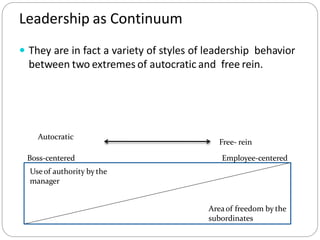 Leadership as Continuum
 They are in fact a variety of styles of leadership behavior
between two extremes of autocratic and free rein.
Autocratic
Free- rein
Useof authority by the
manager
Areaof freedom by the
subordinates
Boss-centered Employee-centered
 