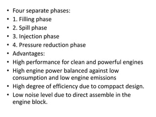 • Four separate phases:
• 1. Filling phase
• 2. Spill phase
• 3. Injection phase
• 4. Pressure reduction phase
• Advantages:
• High performance for clean and powerful engines
• High engine power balanced against low
consumption and low engine emissions
• High degree of efficiency due to comppact design.
• Low noise level due to direct assemble in the
engine block.
 