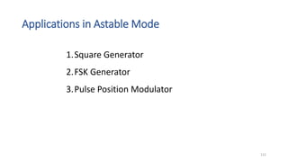 Applications in Astable Mode
112
1.Square Generator
2.FSK Generator
3.Pulse Position Modulator
 