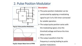 2. Pulse Position Modulator
116
Fig (a): Pulse position Modulator
Fig (b): Output Wave Form of PPM
Description:
 The pulse position modulator can be
constructed by applying a modulating
signal to pin 5 of a 555 timer connected
for astable operation.
 The output pulse position varies with
the modulating signal, since the
threshold voltage and hence the time
delay is varied.
 The output waveform that the
frequency is varying leading to pulse
position modulation.
 