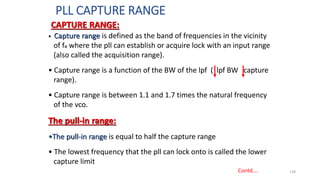 PLL CAPTURE RANGE
128
Contd….
• Capture range is defined as the band of frequencies in the vicinity
of fo where the pll can establish or acquire lock with an input range
(also called the acquisition range).
• Capture range is a function of the BW of the lpf ( lpf BW capture
range).
• Capture range is between 1.1 and 1.7 times the natural frequency
of the vco.
The pull-in range:
•The pull-in range is equal to half the capture range
• The lowest frequency that the pll can lock onto is called the lower
capture limit
CAPTURE RANGE:
 