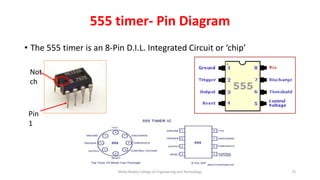 555 timer- Pin Diagram
• The 555 timer is an 8-Pin D.I.L. Integrated Circuit or ‘chip’
Malla Reddy College of Engineering and Technology 73
Not
ch
Pin
1
 