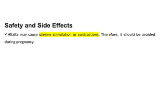 Safety and Side Effects
✓Alfalfa may cause uterine stimulation or contractions. Therefore, it should be avoided
during pregnancy.
 
