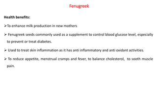 Health benefits:
➢To enhance milk production in new mothers
➢ Fenugreek seeds commonly used as a supplement to control blood glucose level, especially
to prevent or treat diabetes.
➢ Used to treat skin inflammation as it has anti inflammatory and anti oxidant activities.
➢ To reduce appetite, menstrual cramps and fever, to balance cholesterol, to sooth muscle
pain.
Fenugreek
 