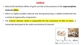 GARLIC
• Most of the beneficial effects of garlic are due to the presence of the organosulphate
molecule allicin.
• Allicin is a highly unstable molecule and, during processing, is rapidly transformed into
a variety of organosulfur components.
• The enzyme alliinase, which is responsible for the conversion of alliin to allicin, is
irreversibly destroyed at the acidic environment of stomach.
 