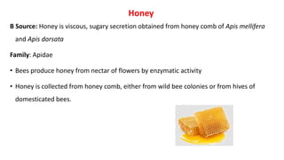 Honey
B Source: Honey is viscous, sugary secretion obtained from honey comb of Apis mellifera
and Apis dorsata
Family: Apidae
• Bees produce honey from nectar of flowers by enzymatic activity
• Honey is collected from honey comb, either from wild bee colonies or from hives of
domesticated bees.
 