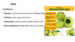 Amla
Constituents:
• Vitamins - Amla is a rich source of vit C (760mg/100g)
• Minerals – Zinc, copper, Chromium
• Amino acids – Alanine, lysine, proline, aspartic acid
• Phyto constituents: Phyllemblin and curcuminoides
 