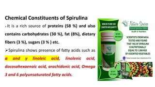 Chemical Constituents of Spirulina
➢ It is a rich source of proteins (58 %) and also
contains carbohydrates (30 %), fat (8%), dietary
fibers (3 %), sugars (3 % ) etc.
➢Spirulina shows presence of fatty acids such as
α and γ linoleic acid, linolenic acid,
docosahexaenoic acid, arachidonic acid, Omega
3 and 6 polyunsaturated fatty acids.
 