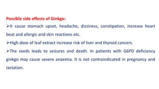 Possible side effects of Ginkgo:
➢It cause stomach upset, headache, dizziness, constipation, increase heart
beat and allergic and skin reactions etc.
➢High dose of leaf extract increase risk of liver and thyroid cancers.
➢The seeds leads to seizures and death. In patients with G6PD deficiency
ginkgo may cause severe anaemia. It is not contraindicated in pregnancy and
lactation.
 