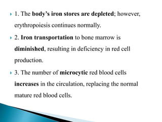  1. The body’s iron stores are depleted; however,
erythropoiesis continues normally.
 2. Iron transportation to bone marrow is
diminished, resulting in deficiency in red cell
production.
 3. The number of microcytic red blood cells
increases in the circulation, replacing the normal
mature red blood cells.
 