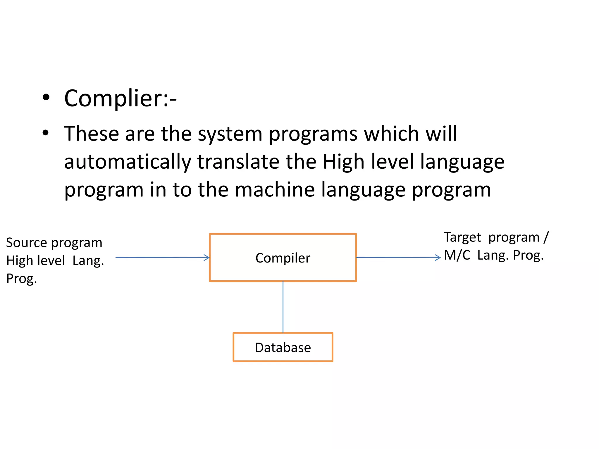 • Complier:-
     • These are the system programs which will
       automatically translate the High level language
       program in to the machine language program

Source program                                 Target program /
High level Lang.           Compiler            M/C Lang. Prog.
Prog.



                           Database
 