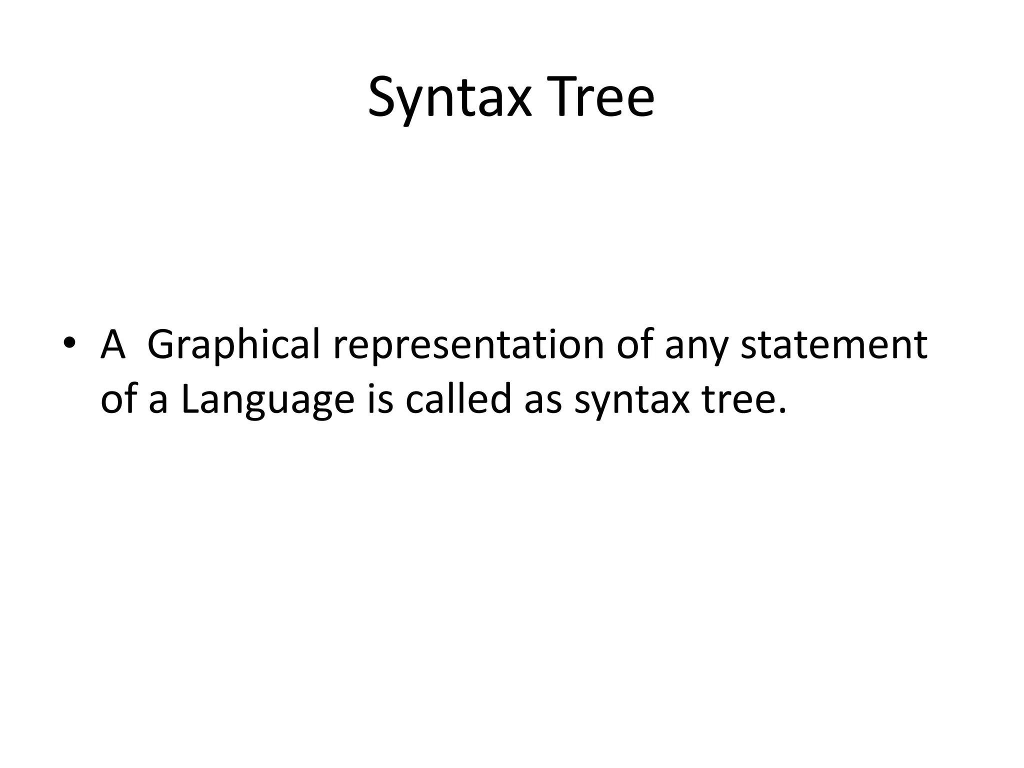 Syntax Tree


• A Graphical representation of any statement
  of a Language is called as syntax tree.
 