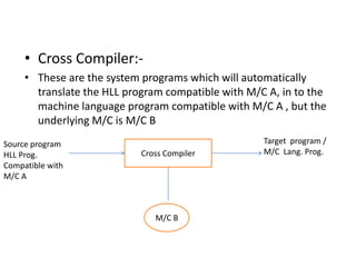 • Cross Compiler:-
     • These are the system programs which will automatically
       translate the HLL program compatible with M/C A, in to the
       machine language program compatible with M/C A , but the
       underlying M/C is M/C B
Source program                                      Target program /
HLL Prog.                   Cross Compiler          M/C Lang. Prog.
Compatible with
M/C A



                               M/C B
 