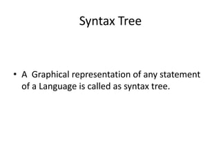 Syntax Tree


• A Graphical representation of any statement
  of a Language is called as syntax tree.
 