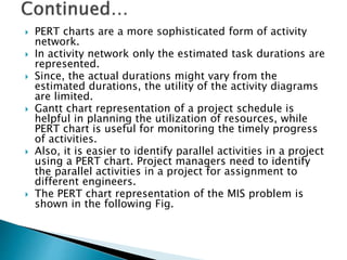  PERT charts are a more sophisticated form of activity
network.
 In activity network only the estimated task durations are
represented.
 Since, the actual durations might vary from the
estimated durations, the utility of the activity diagrams
are limited.
 Gantt chart representation of a project schedule is
helpful in planning the utilization of resources, while
PERT chart is useful for monitoring the timely progress
of activities.
 Also, it is easier to identify parallel activities in a project
using a PERT chart. Project managers need to identify
the parallel activities in a project for assignment to
different engineers.
 The PERT chart representation of the MIS problem is
shown in the following Fig.
 