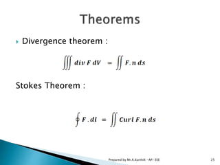  Divergence theorem :
Stokes Theorem :
25Prepared by Mr.K.KarthiK -AP/ EEE
 