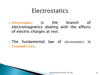  Electrostatics is the branch of
electromagnetics dealing with the effects
of electric charges at rest.
 The fundamental law of electrostatics is
Coulomb’s law.
28Prepared by Mr.K.KarthiK -AP/ EEE
 