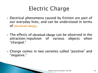  Electrical phenomena caused by friction are part of
our everyday lives, and can be understood in terms
of electrical charge.
 The effects of electrical charge can be observed in the
attraction/repulsion of various objects when
“charged.”
 Charge comes in two varieties called “positive” and
“negative.”
29Prepared by Mr.K.KarthiK -AP/ EEE
 