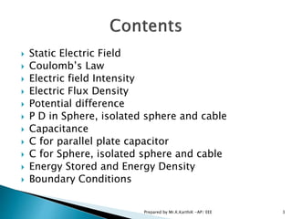  Static Electric Field
 Coulomb’s Law
 Electric field Intensity
 Electric Flux Density
 Potential difference
 P D in Sphere, isolated sphere and cable
 Capacitance
 C for parallel plate capacitor
 C for Sphere, isolated sphere and cable
 Energy Stored and Energy Density
 Boundary Conditions
3Prepared by Mr.K.KarthiK -AP/ EEE
 