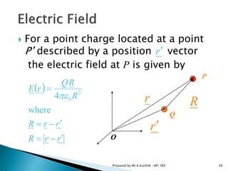  For a point charge located at a point
P’ described by a position vector
the electric field at P is given by
 
rrR
rrR
R
RQ
rE



where
4 3
0
r
Q
P
r R
r
O
39Prepared by Mr.K.KarthiK -AP/ EEE
 