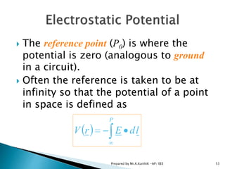  The reference point (P0) is where the
potential is zero (analogous to ground
in a circuit).
 Often the reference is taken to be at
infinity so that the potential of a point
in space is defined as
  

P
ldErV
53Prepared by Mr.K.KarthiK -AP/ EEE
 