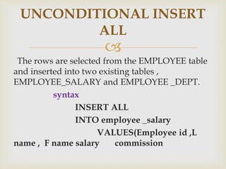 
The rows are selected from the EMPLOYEE table
and inserted into two existing tables ,
EMPLOYEE_SALARY and EMPLOYEE _DEPT.
syntax
INSERT ALL
INTO employee _salary
VALUES(Employee id ,L
name , F name salary commission
UNCONDITIONAL INSERT
ALL
 