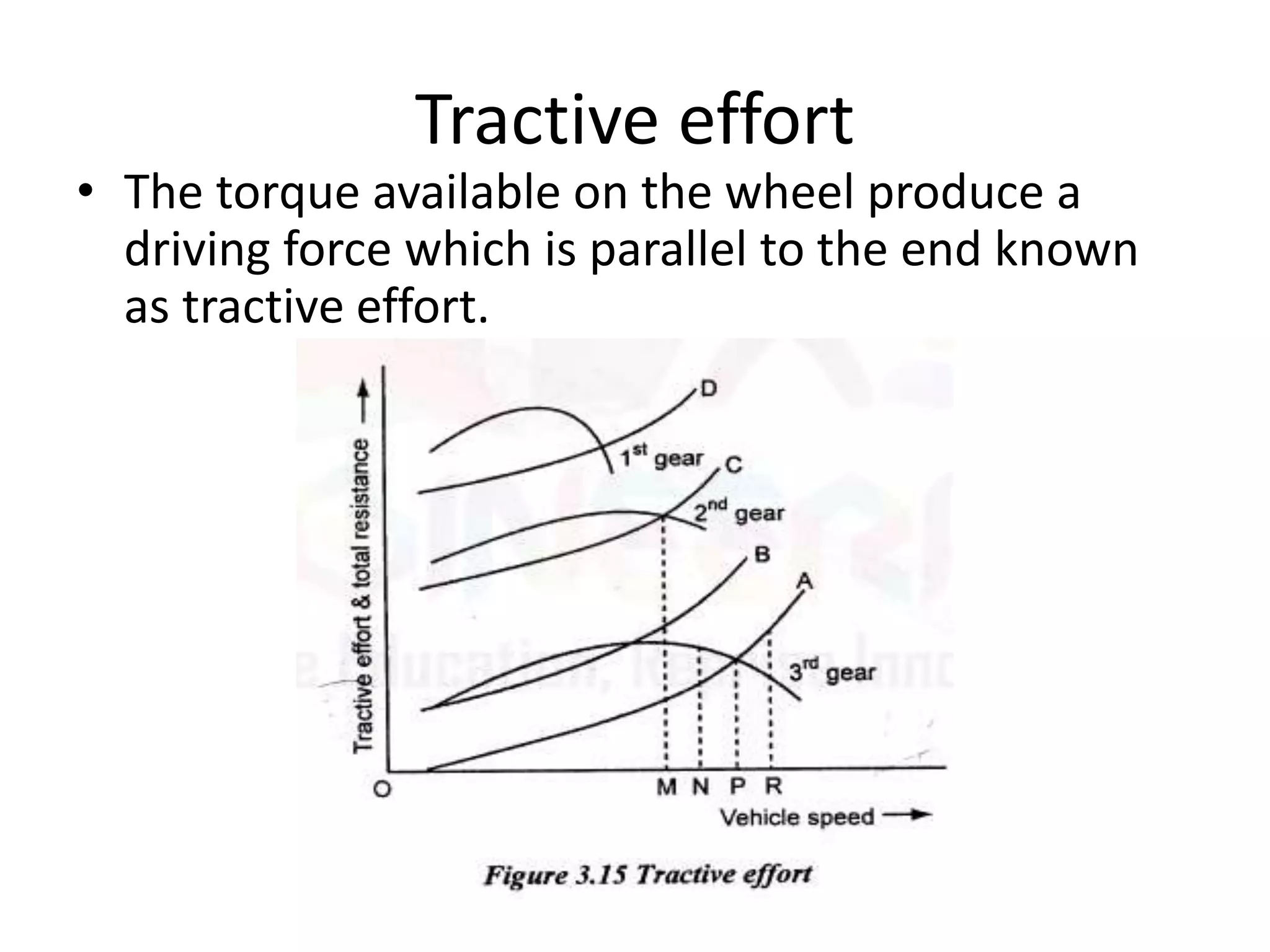 Tractive effort
• The torque available on the wheel produce a
driving force which is parallel to the end known
as tractive effort.
 