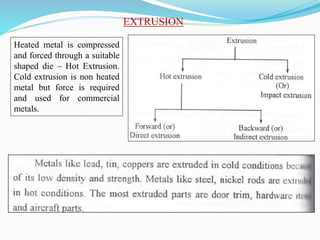 EXTRUSION
Heated metal is compressed
and forced through a suitable
shaped die – Hot Extrusion.
Cold extrusion is non heated
metal but force is required
and used for commercial
metals.
 