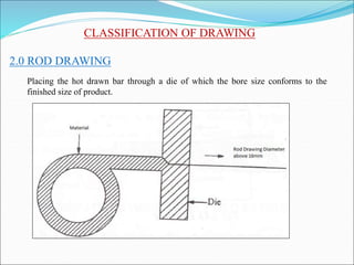 CLASSIFICATION OF DRAWING
2.0 ROD DRAWING
Placing the hot drawn bar through a die of which the bore size conforms to the
finished size of product.
 